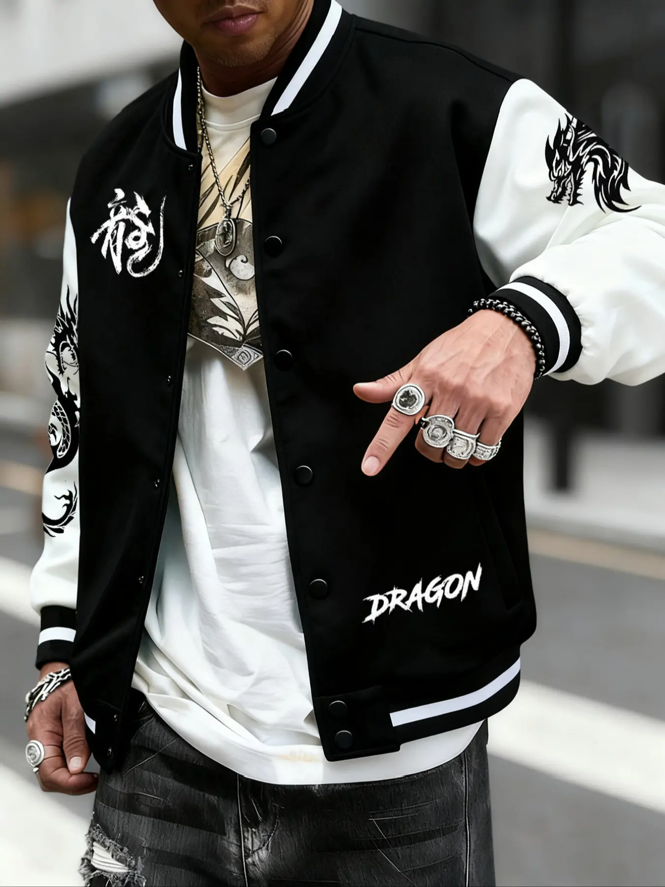 Men's Dragon Pattern Print Baseball Jacket, Spring Fall Winter Wear, Premium Fabric, Thick and Comfortable, Casual Fitted Style