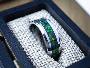 The Neptune, Green Opal Tungsten Ring,  Men's Black Wedding Band, Green Blue Opal Ring, Anniversary Gift, For Him.