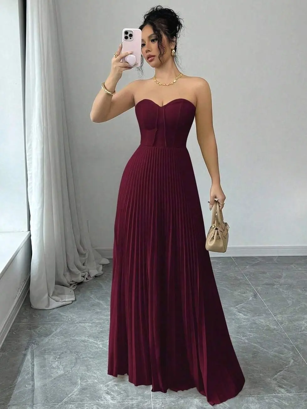 Romantic A-Line Dress for Women, Ruched Waist Formal Maxi Dress, Feminine Wedding Guest Party Outfit for Date Night, Reception, Banquet & Special Occasions