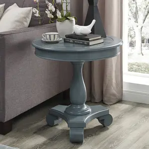 Rene Round Wood Pedestal Side Table, Teal Rene Round Wood Pedestal Side Table, Teal
