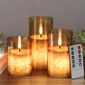 3-Pack Real Wax Flameless LED Candles with Remote & Timer, Battery Operated Glass Candles with Warm Flickering Flame for Wedding, Home & Party Decor – Gold, D3"xH4/5/6"