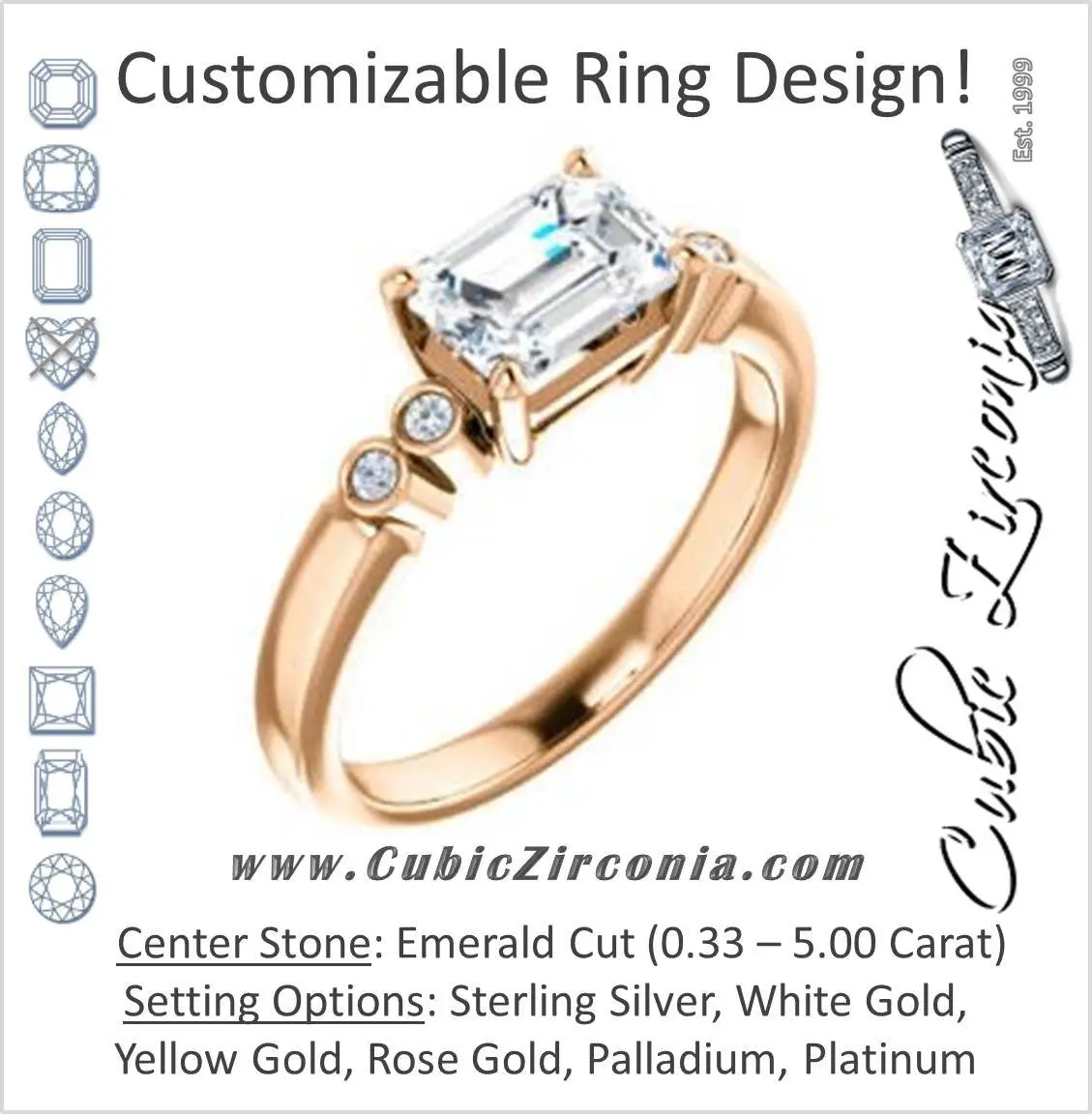 Cubic Zirconia Engagement Ring- The Luzella (Customizable 5-stone Design with Emerald Cut Center and Round Bezel Accents)