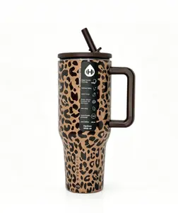 HydroJug 40oz Brown Leopard Traveler Tumbler, Insulated Stainless Steel Cup with Handle & Straw, Leakproof, Keeps Cold 24H, Cup Holder Friendly for On-the-Go Drinkware Flasks Mug  Bottled Water  Portable european bottles day gift