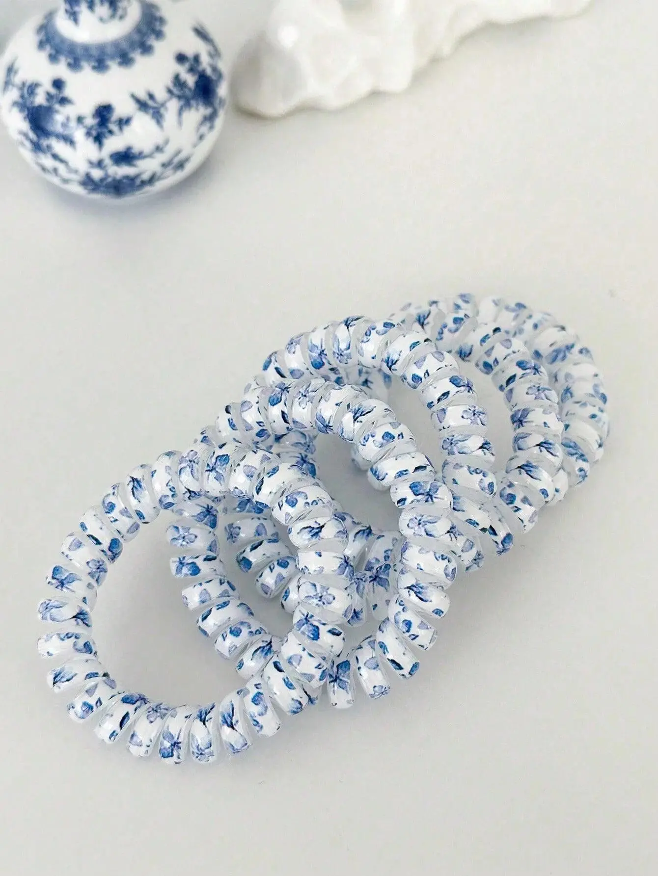 6pcs-Blue And White Porcelain Spiral Hair Ties,Elastic Coil Hair Ties For Women,No Crease Telephone Wire Cord Hair Ties For Thick Hair & Thin Hair Casual,Elastic Bands - Hair Accessories With Fun Patterns And Designs, Sweet Fresh Hair Ties