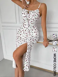 Women's Floral Print Tie Front Cami Bodycon Dress, Sexy Fashion Casual Long Sleeveless Dress for Daily Outdoor Wear, Women Dress for Summer