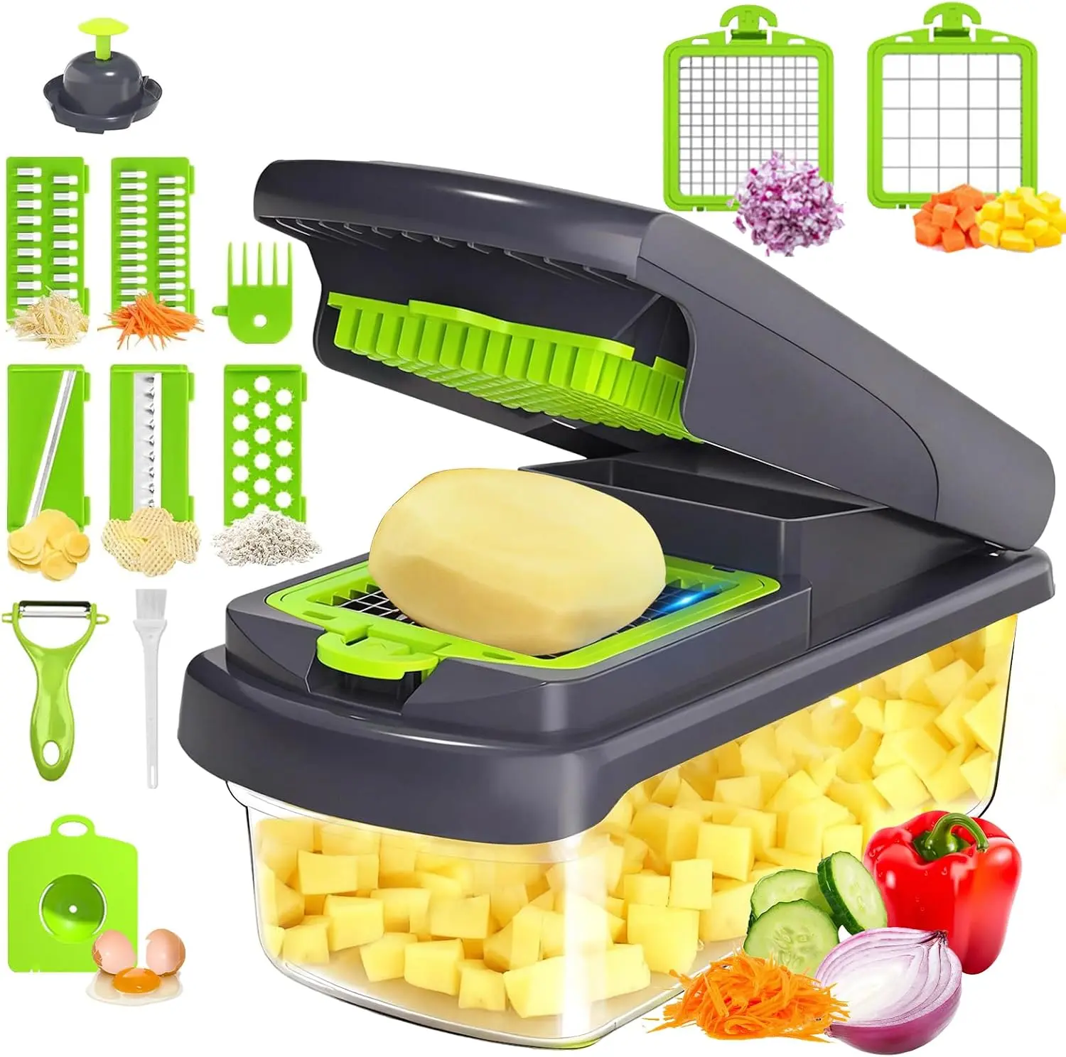 Stainless Steel 12-in-1 Multifunction Mini Food Processor Accessory Kit - Kitchen Utensil Set with Vegetable Chopper, Mandoline Slicer, Food Container, Chopping Blade, Onion Dicer, Julienne Cutter, Egg Separator, Peeler, Cleaning Brush