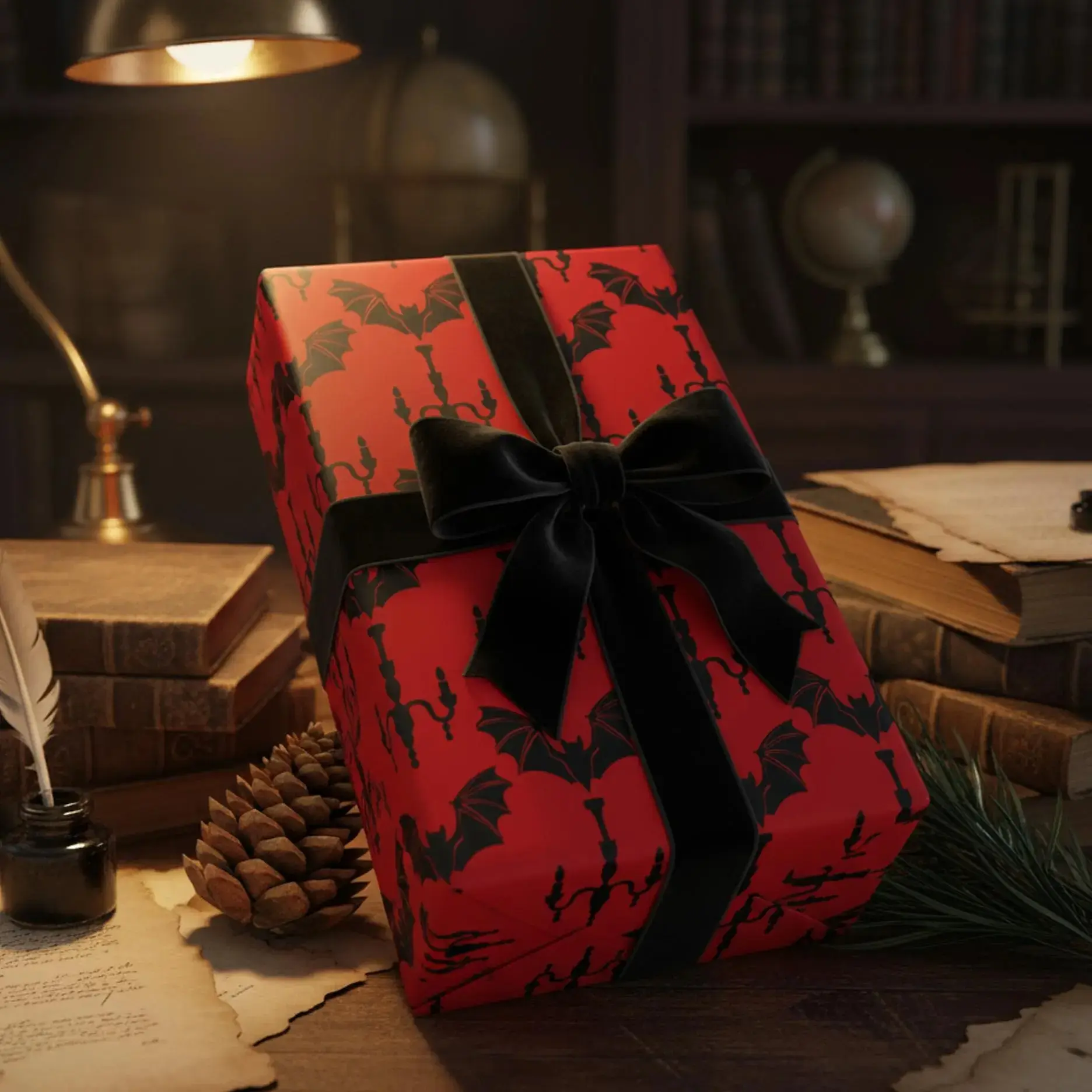 Bats & Chandeliers Red Wrapping Paper, Mythology Witchcraft Cottagecore Gift Wrap, Halloween Inspired Dark Holiday Gift Wrap for Halloween