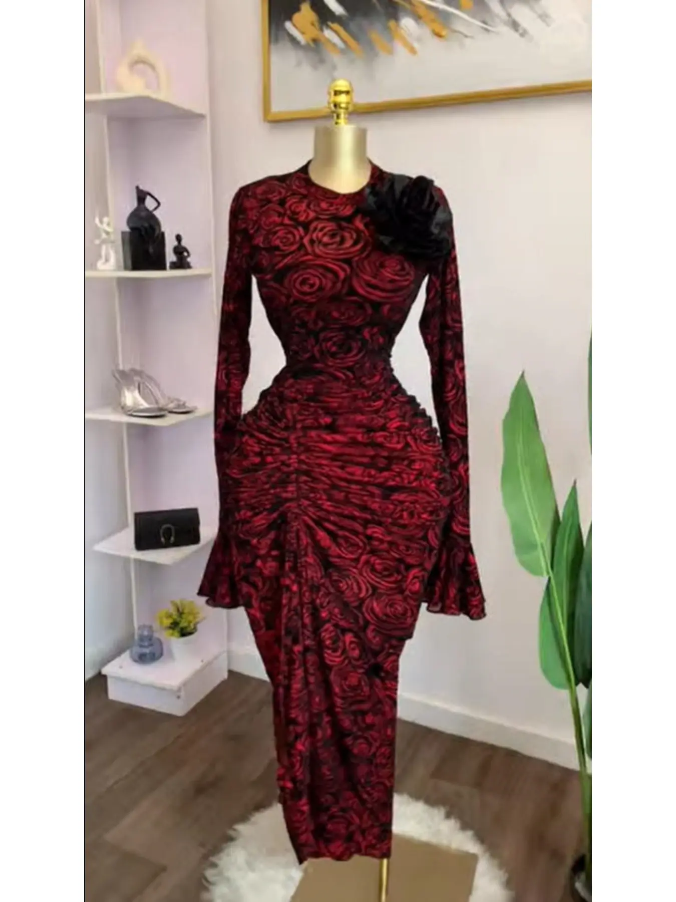 QFAF Women's Rose Print Ruched Layered Side Slit Bodycon Midi Dress, Elegant Formal Dress, Evening Party Dresses, Party Ball Gown, Educational Vacation Formal Wear