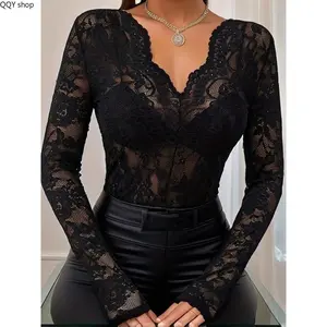 Women Sheer Floral Lace Cover Up Top, Elegant V Neck Long Sleeve Blouse with Scallop Trim, Aesthetic Lightweight See-through Casual Tops, Versatile All-season Fashion Outfit Ideal for Beach Vacation, Holiday Trip, Party Gathering and Daily Stylish Wear