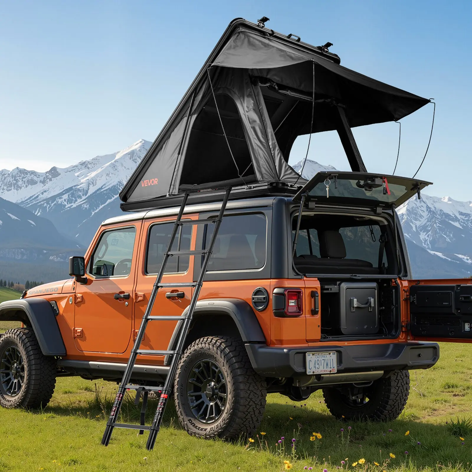 VEVOR Hard Shell Rooftop Tent, 2-3 Person Aluminum Tent with Tri-Color LED Light, Thick Mattress, Zipper-Closure Fabric, Waterproof Windproof for Overland Camping Jeep SUV Pickup Car Roof Rack