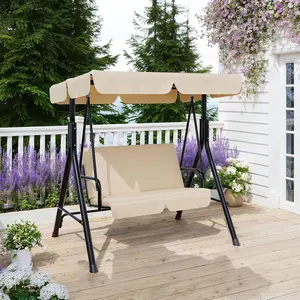 2-Seat Porch Swing with Stand and Adjustable Canopy, 600 lbs Heavy Duty Metal Frame Outdoor Patio Swing Chair, Water UV Resistant Polyester Swing Bench for Garden Backyard Balcony