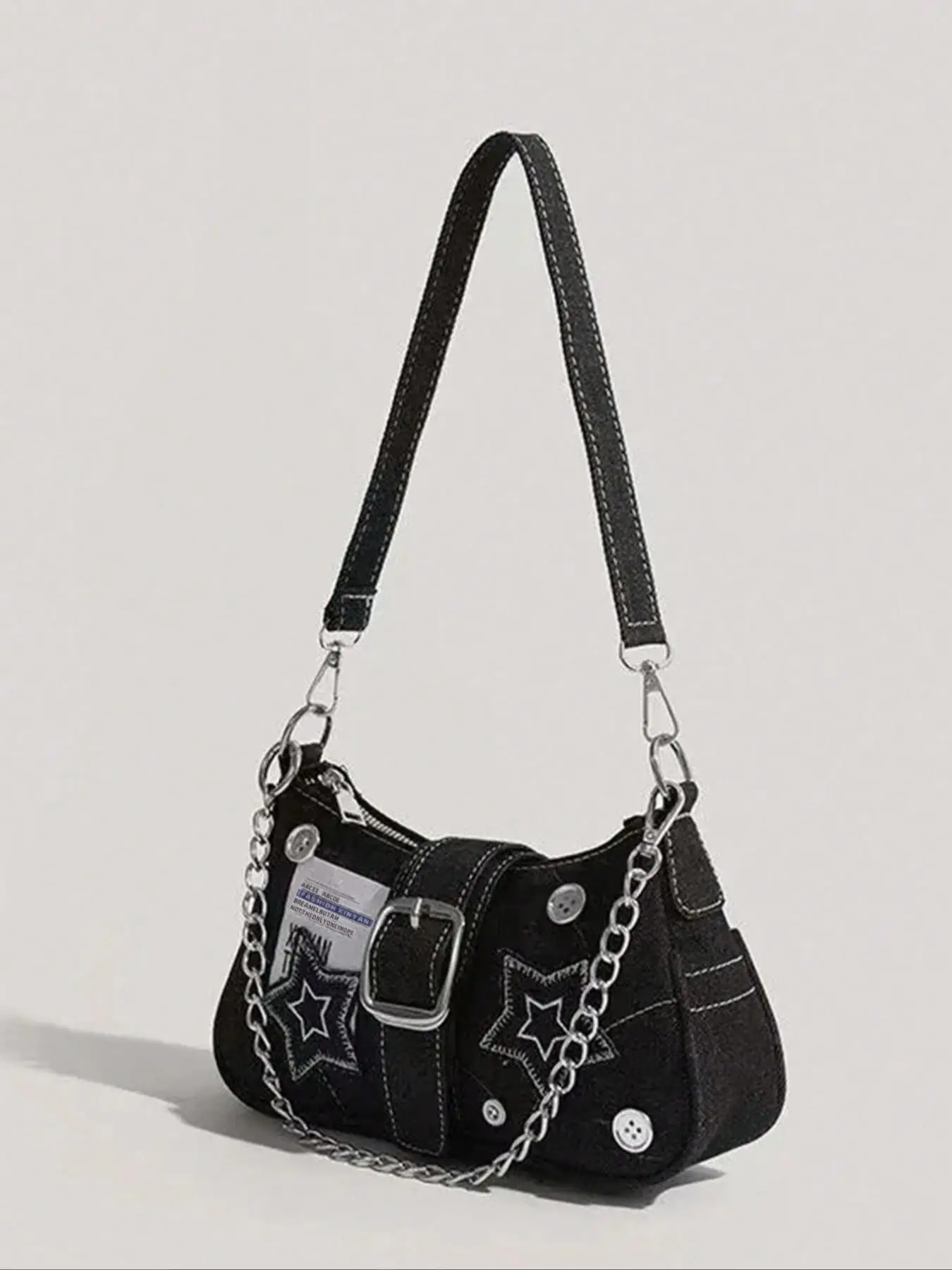 Women's Fashionable Star Patched Shoulder Bag, Vintage Y2K Style Chain Decor Underarm Bag for Daily Used, Casual Trendy Versatile High-quality Daily C