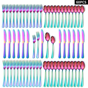 60-Piece Rainbow Silverware Set with Steak Knives Service for 12,Stainless Steel Flatware Set,Mirror Polished Cutlery Utensil Set, Kitchen Eating Tableware,Include Fork Knife Spoon Set,Dishwasher Safe Modern Metal