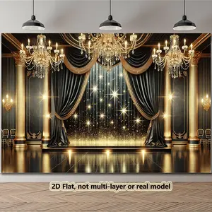 2D Flat, 1pc Extra Large Luxury Stage Backdrop with Glittering Lights - Elegant & Golden Party Decorations, No Electricity Needed