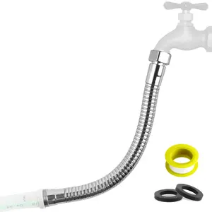 Hibbent All Metal Garden Hose Protector, Stainless Steel Flexible Hose Extension Adapter with 3/4" Female to Male Brass Connector, Anti-twist Hose Extender for Garden, Car Wash, Outdoor Faucet, Chrome