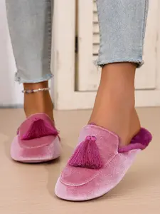 Luxurious Velvet Slippers for Women, Hand-Stitched Fringe Decor, Warm Bedroom Slipper, Anti-Slip Tpr Sole, Fall Winter Comfort Shoes