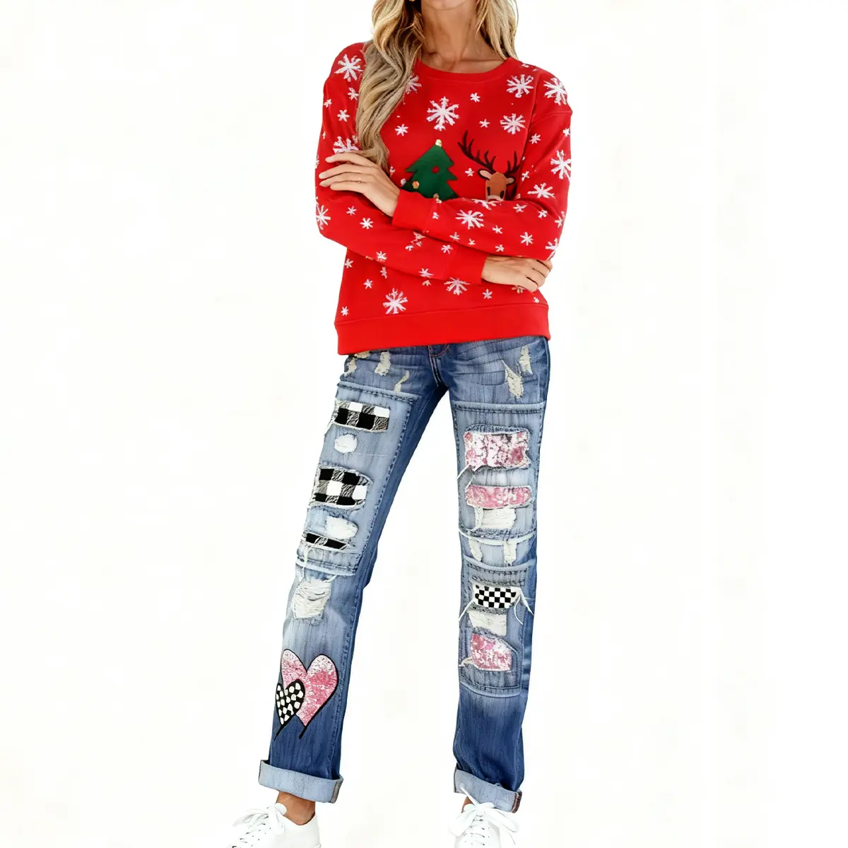 Women's Washed Cotton Denim Jeans - Valentine's Day Love, Ripped Print, Mid-Rise, Straight, Fitted, Stretchless, Comfortable Streetwear Trouser for Ladies, Lady, Casual Outings, Easy Style, Easy To Match With Tops, Slant Pocket, Straight Pants, Foldable