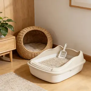 Cat Litter Box Essential, Half-Enclosed Design, Three-Sided Sand Track, No More Sweeping, Available in Various Sizes, Suitable for All Cats, Litter Tray