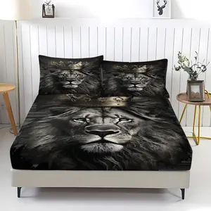 3-piece lion pattern fitted sheet set, including 1 flat sheet and 2 pillowcases, comfortable bedding, non-slip dust cover for bedroom and guest room