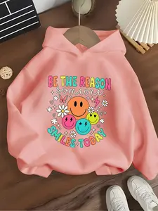 Girls' Hooded Sweatshirt with Colorful Smiley Face Text Print, Graphic Hoodies, Fun and Vibrant Design, Kids Fashion Pullover, Skin-Friendly Fabric