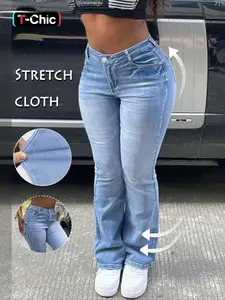 GILIPUR Y2K Women's Plain Pocket Button Fly Flare Leg Stretchy Jeans, Casual High Waist Bell Bottom Denim Trousers for Daily Wear, Ladies Bottoms for Fall & Winter Vintage 90s Loose gap Stretchy Jeans Mom Stretchy Jeans Stretch Stretchy Jeans