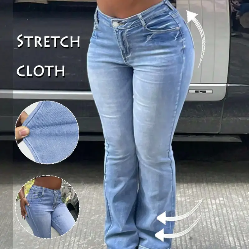 GILIPUR Y2K Women's Plain Pocket Button Fly Flare Leg Stretchy Jeans, Casual High Waist Bell Bottom Denim Trousers for Daily Wear, Ladies Bottoms for Fall & Winter 90s Loose gap Stretchy Jeans Mom Stretchy Jeans Stretch Stretchy Jeans Flared Jean