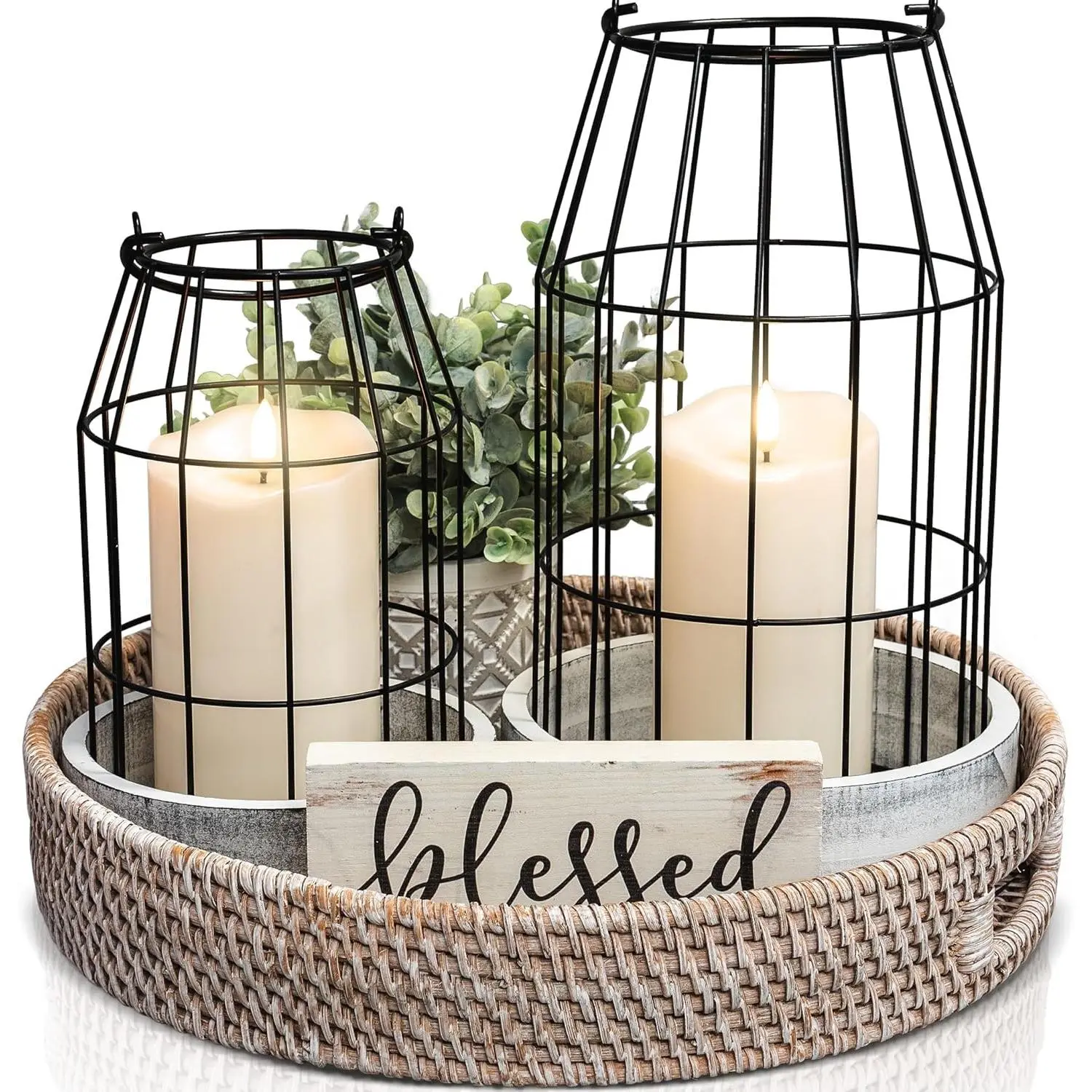 Rustic Farmhouse Lantern Decor Set of 2 - Stylish Decorative Lanterns for Your Living Room, Fireplace Mantle or Kitchen Dining Table - Modern Indoor/Outdoor Coffee Table Decor for Your Entire Home