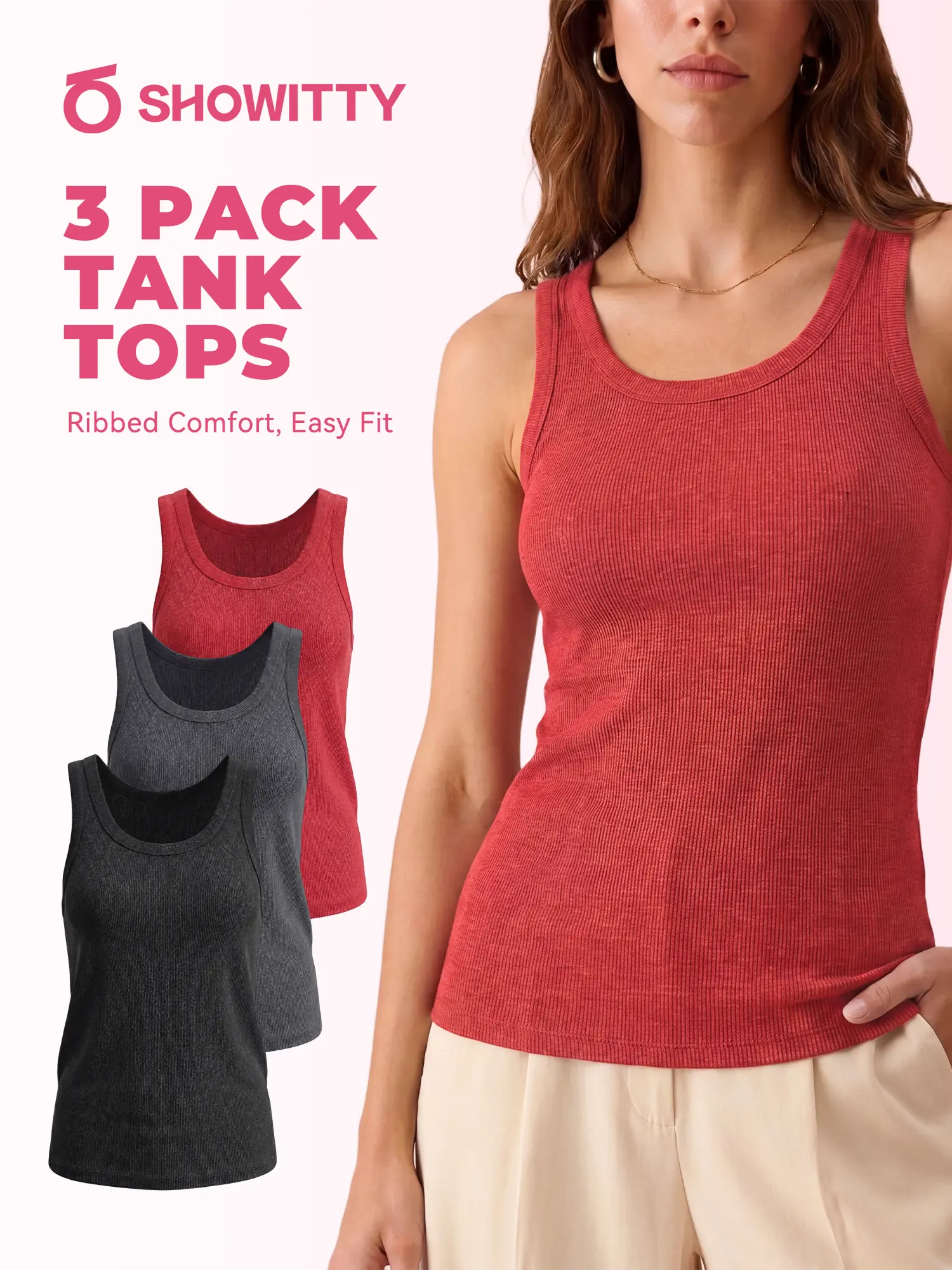 SHOWITTY 3 Pack Ribbed Tank Tops for Women – Crew Neck Sleeveless Stretch Polyester Spandex Basic Tops, Smooth Draped Fit