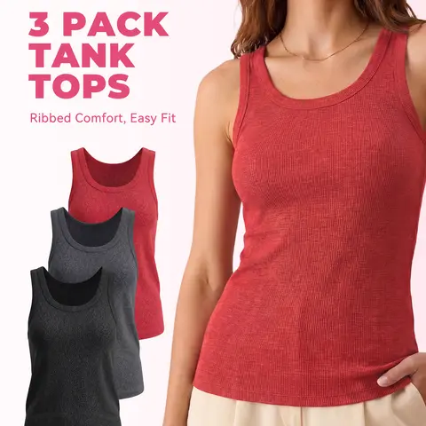 SHOWITTY 3 Pack Ribbed Tank Tops for Women – Crew Neck Sleeveless Stretch Polyester Spandex Basic Tops, Smooth Draped Fit