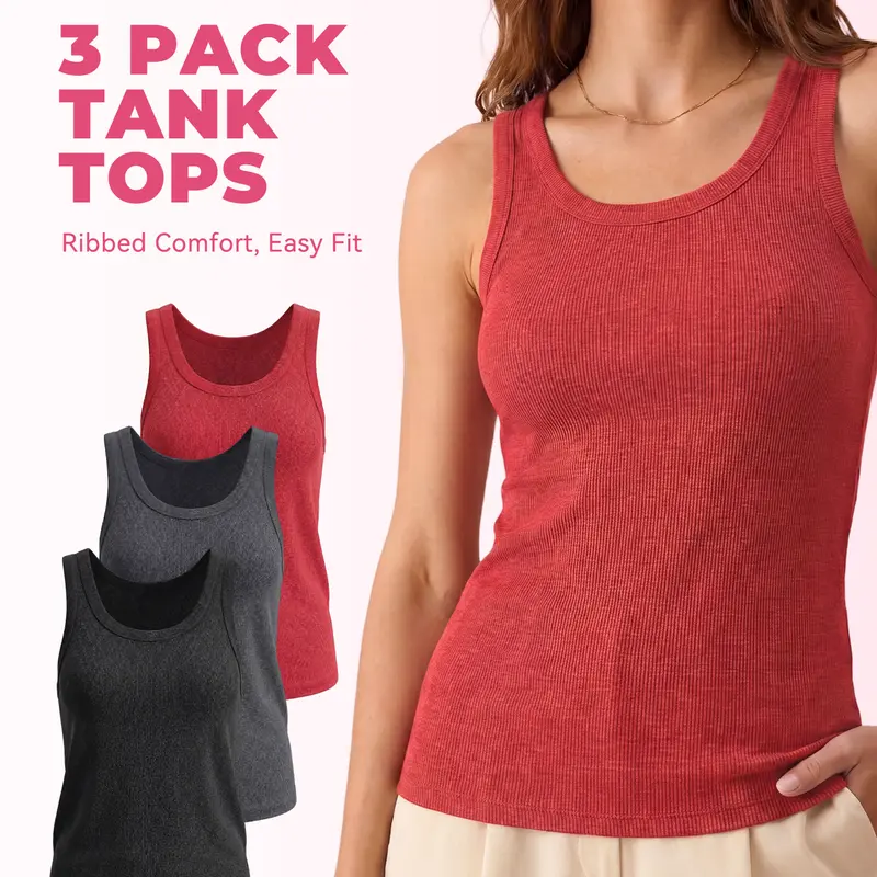 SHOWITTY 3 Pack Ribbed Tank Tops for Women – Crew Neck Sleeveless Stretch Polyester Spandex Basic Tops, Smooth Draped Fit