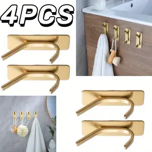 4PCS Brushed Golden Self Adhesive Towel Hooks for Bathroom Wall Door Mounted Stainless Steel Strong Wall Hooks for Hanging Coat Hat Bag Key Jacket