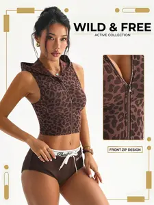 Women's Sleeveless Hooded Leopard Jacket, Y2K Street Style Zipper Short Top, Casual Summer Fashion, Trendy Women's Clothing
