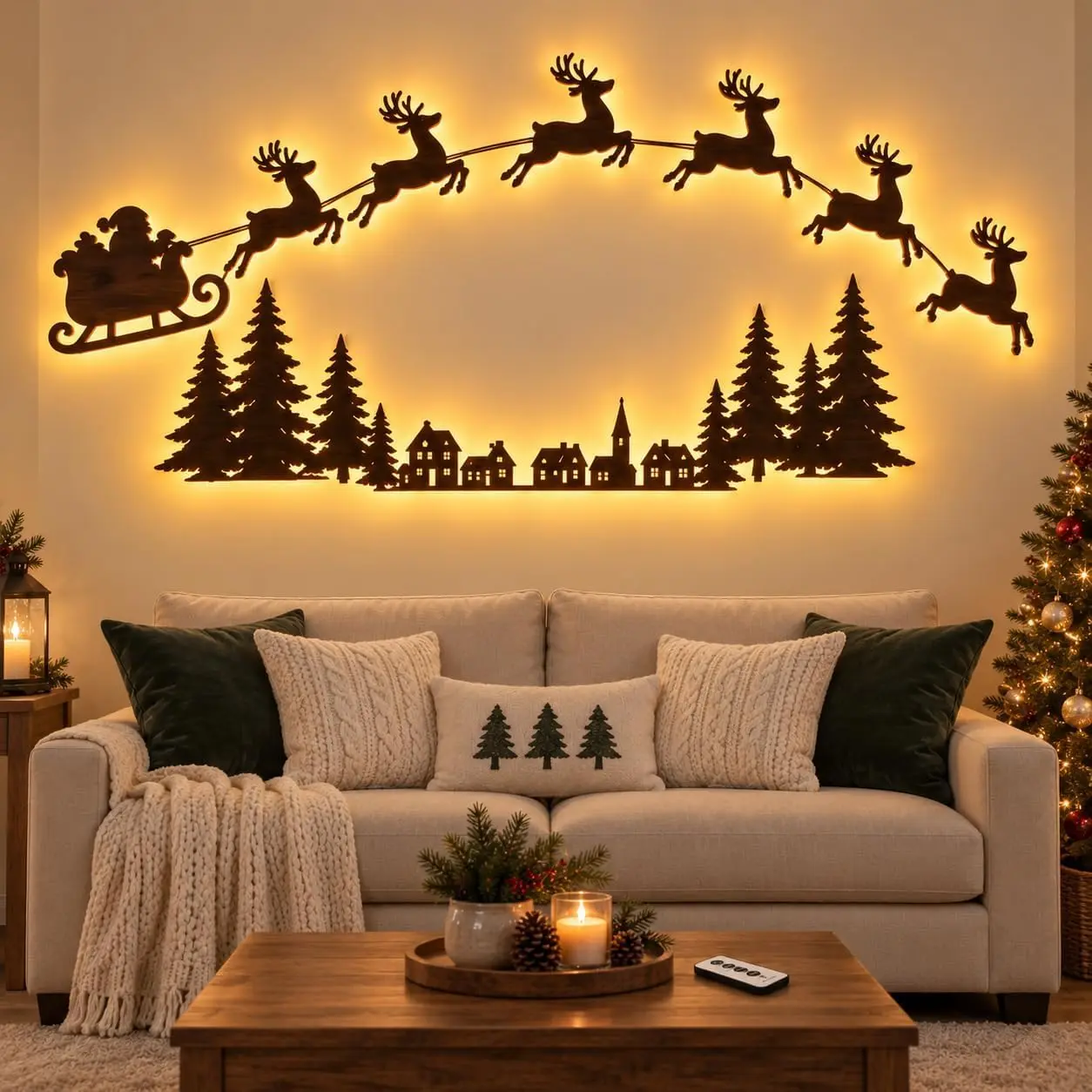 Light-Up Santas Sleigh Christmas Wall Decor, Wood Silhouette Wireless Remote Control, Warm White LED Adhesive Peel‑and‑Stick Mounting,  Cordless Christmas Decorations for Living Room, Bedroom & Entryway