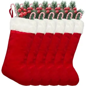 6 Pieces 20Inch Large Traditional Soft Classic Red Plush Christmas Stockings for Family Holiday Xmas Tree Fireplace Mantel Decorations