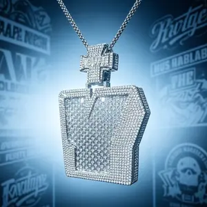 M2-5177 Oversized Iced‑Out Shield‑Shaped Pendant With Cross Bail Full Baguette CZ Diamond Bust‑Down Unisex Hip‑Hop Rapper Necklace
