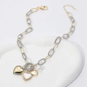 Two Tone 14K Gold Plated CZ LOVE Engraved Pendant Necklace