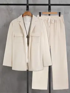 Men's Beige Corduroy 2-Piece Loungewear Set - Lapel Blazer-Style Shirt with Dual Chest Pockets + Elastic Drawstring Waist Pants, Soft Stretch Fabric, Relaxed Minimalist Plain Style, Perfect for At-Home Lounging, Casual Evenings & Seasonal Layering