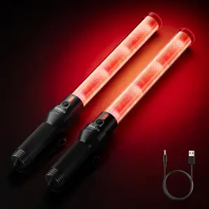 2 Pack 16 Inch Traffic Wand Rechargeable Traffic Control Wand with 2 Flashing Modes Multifunction Traffic Safety Baton for Airport Parking Car Directing