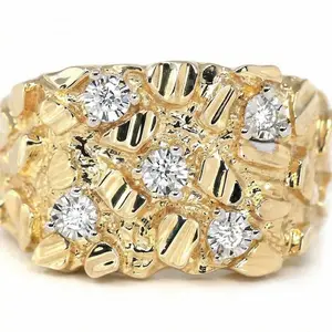 Men's Gold Textured Chunky Signet Ring, Sparkling CZ Inlays Statement Band, 14K Gold Plated Stainless Steel, Hypoallergenic Waterproof Fashion Jewelry, Trendy Hip Hop Streetwear Accessory, Ideal Gift for Boyfriend, Husband & Groomsmen