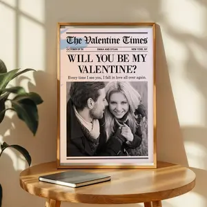 Will You Be My Valentines Newspaper Poster, Couple Valentine Wall Art, Gift for Her