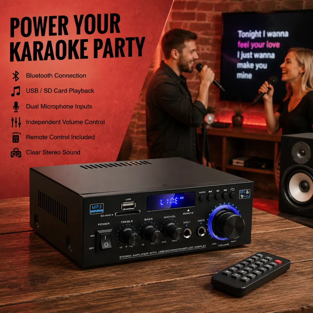 AK45 Mini 2.0 Channel Bluetooth 5.0 Hi-Fi Stereo Amplifier - Home, Car Use, USB, SD, FM Radio, Dual Mic Inputs, Bass/Treble Control, Remote for 4-16 Ohm Passive Speakers