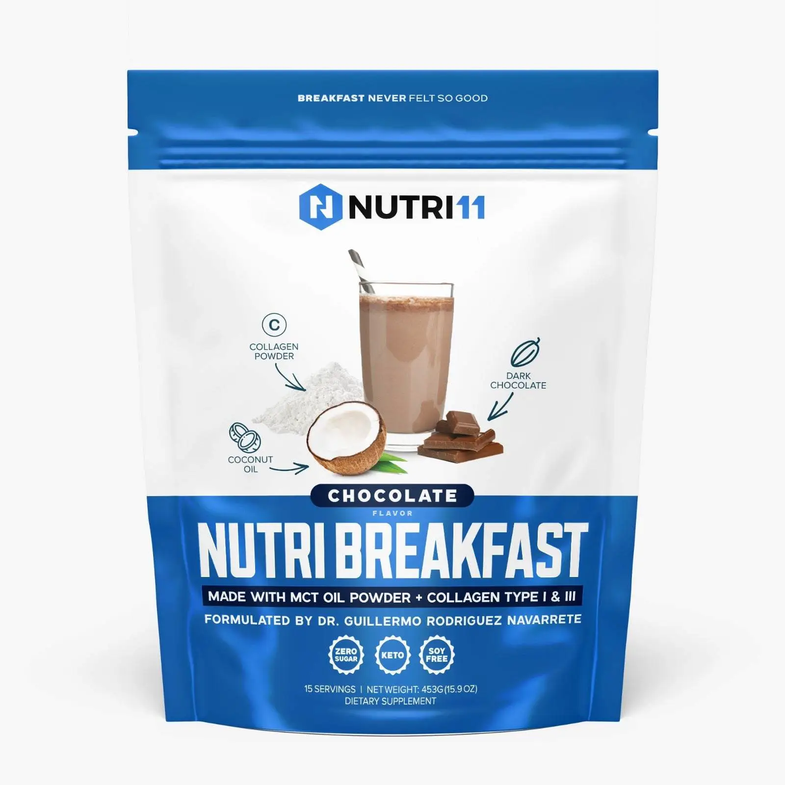 Nutri11 NutriBreakfast Chocolate by Dr. Guillermo R. Navarrete - Sugar-Free Soy-...