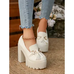 Women's Fashion Elegant Classic High Heels, Metal Decor Faux Fur Design, Stage Style Thick Sole Punk Shoes, All Season Wedding Comfortable Wear, Tassel Shoes