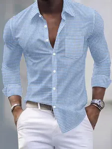 Men's Plaid Gingham Fitted Shirt, Casual Pocket Versatile Spring Fall Top, Long Sleeve Upper, Suitable for Commuting/workwear, Stylish and Comfortable, Checked Checkered