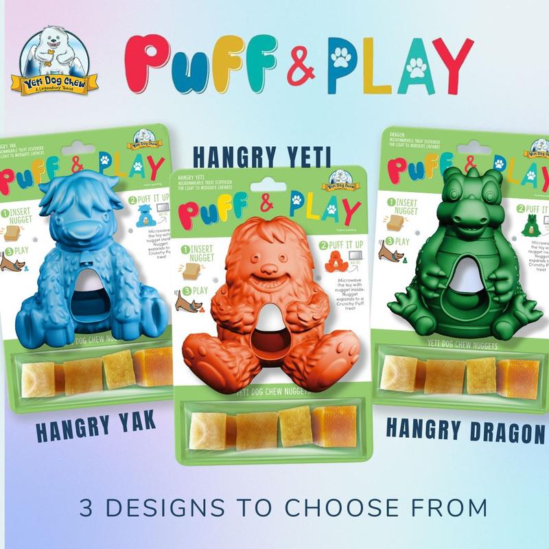 Yeti Puff and Play Interactive Enrichment Treat Dispensing Dog Toy - Durable Dog Toy, Microwave & Dishwasher Safe, Refillable with Yeti Nuggets, Animal Print, Blue