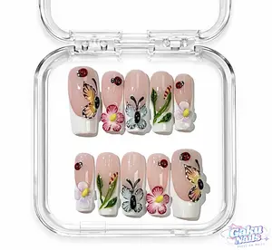 GakuNails SECRET GARDEN 10 PCS Long Square Handmade Press On 3D Flowers Butterflies Ladybugs Gel Builder Gel Floral Blue Teal Elegant Quality Reusable Eco-Friendly Nails Cute