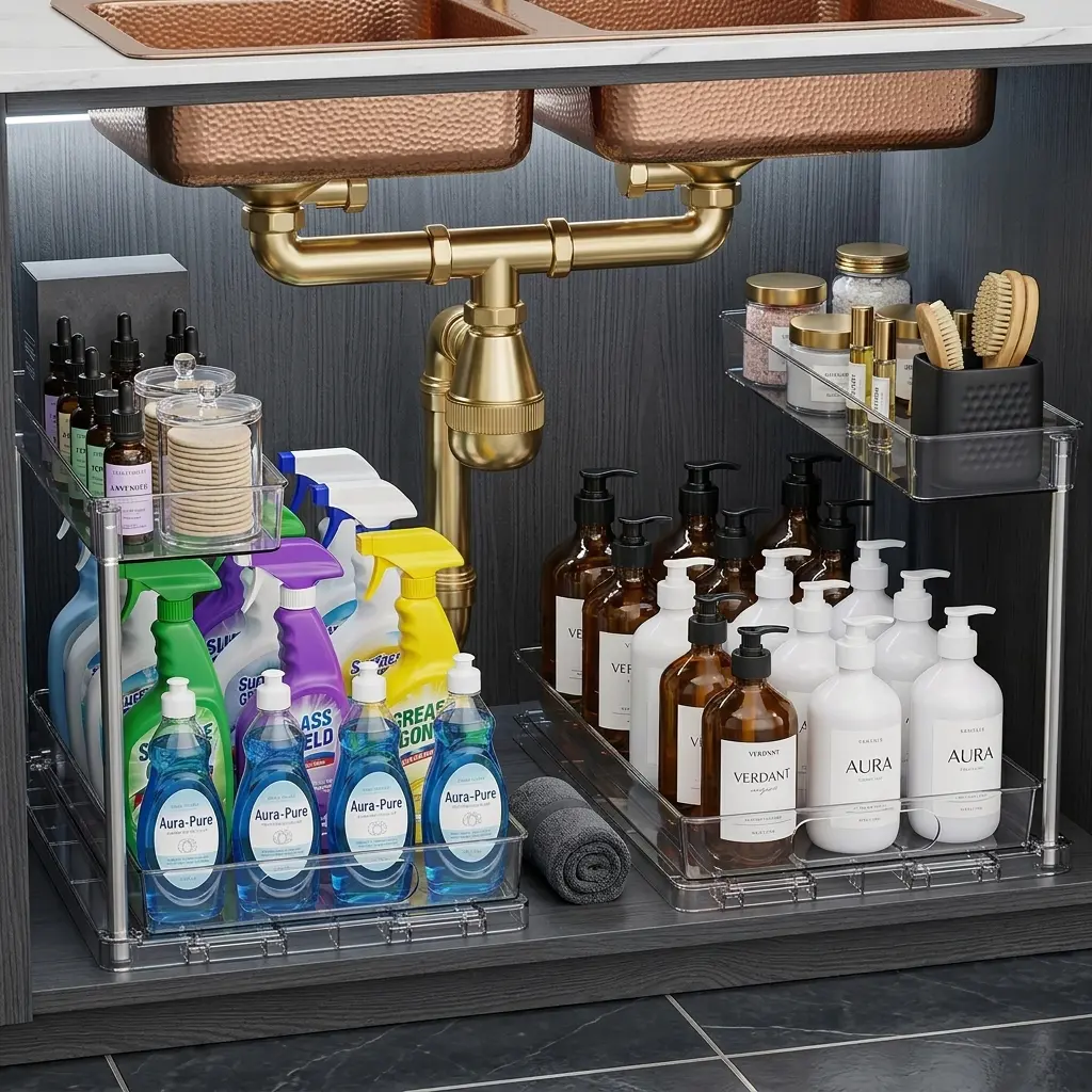 2 Pack Deep Pull Out Under Sink Organizer 2 Tier Slide Out Cabinet Storage Shelf for Kitchen Bathroom