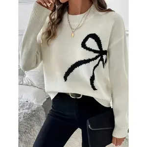 Elegant women's knitted sweater, fashionable bow design long sleeved top, autumn and winter warm casual wear, knitted fabricRAIMENTRY