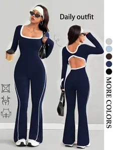 Women's Casual Sporty Colorblock Jumpsuit, Long Sleeve, Square Neck Back Cutout Design, Fashionable Body Highlighting, Side Slit Flare Pants