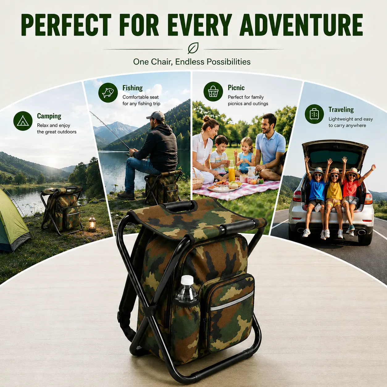 Folding Fishing Stool Backpack, 3-in-1 Portable Camo Oxford Chair with Insulated Cooler Bag for Camping & Hiking, Supports 300 lbs